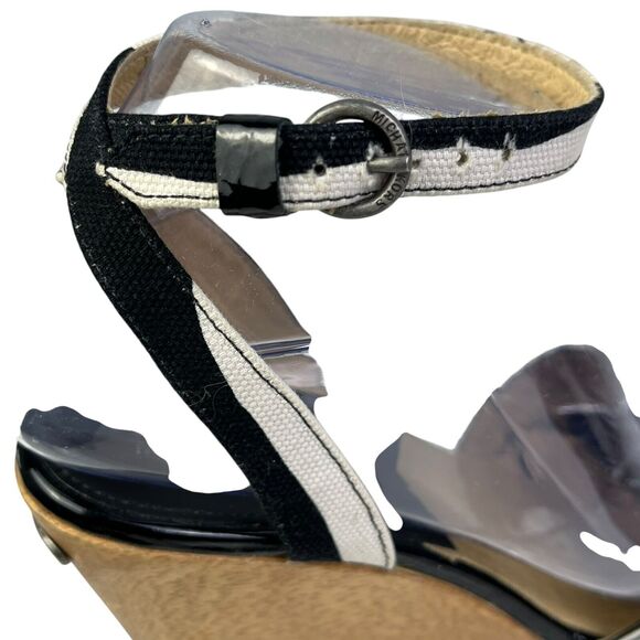 Michael Kors Wedge Woody Sandals Size 6.5 White Black Bow Ankle Strap - Picture 7 of 13